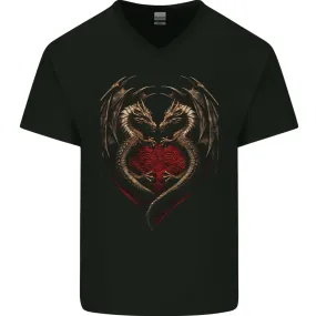 2 Fantasy Dragons in a Heart Shape Gothic Goth Mens V-Neck Cotton T-Shirt