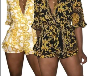 Baroque Print Half Sleeve Casual Rompers