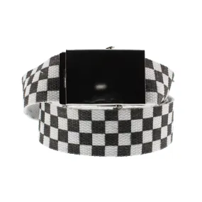 Black & White Checkered Canvas Webbing Belt with Shiny Silver Slider Buckle (Length - 120cm, Width - 3.8cm)