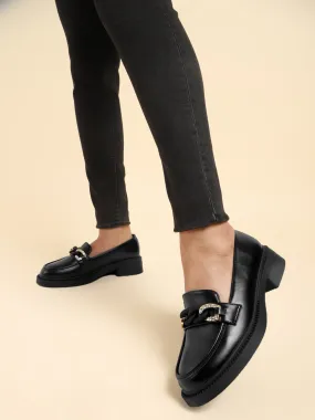 Black PU Embellished Slip-On Heel Loafers (TC-RS3589-BLK)