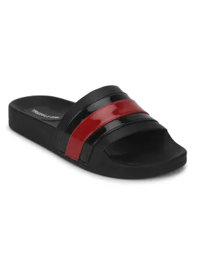 Black PU Slides with Black-Red Stripes