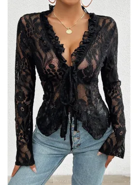 Black Sexy V Neck Hollow Lace Knot Blouse