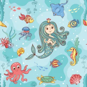 Children's Fabric, Mermaid Fabric on Turquoise, Cotton or Fleece 2254