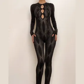 Fishnet hollow out solid long sleeve button backless jumpsuit