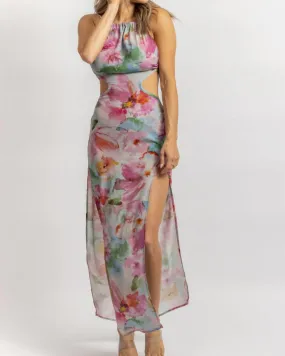 Floral Open Back Maxi Dress In Grey   Fuchsia | Grey   Fuchsia