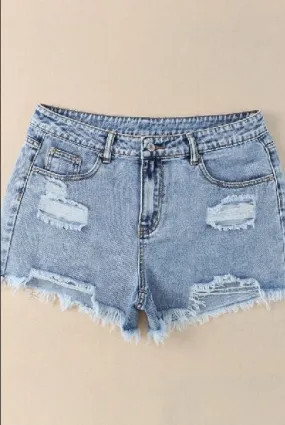 Frayed Hem Distressed Denim Shorts