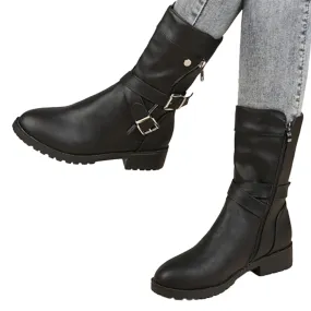 Funki Buys | Boots | Women's Buckle Strap Low Heel Biker Boot