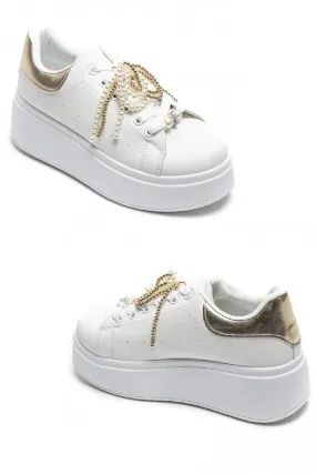 GOLD WHITE PEARL LACE DETAIL LACE UP CHUNKY SNEAKERS TRAINERS