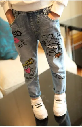 Graffiti Washed Trousers And Denim Pants For Kids Girl