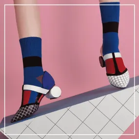 HOA designer polka stripe color block  barrel high heels Mary jane quirky shoes - Uliu