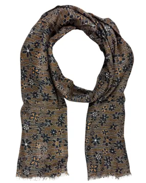 Kiton Scarf Olive Silver Midnight Blue Flowers - Cashmere Silk Shawl