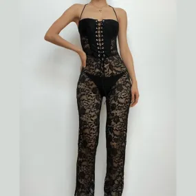 Lace see through halter solid lace up backless jumpsuit