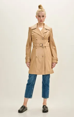 Lambskin Leather Double Breasted Trench Coat - Dark Beige