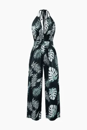 Leaves Print Halter Backless Jumpsuit