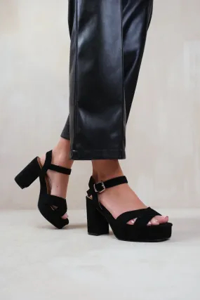 MARCIA WIDE FIT STATEMENT PLATFORM STRAPPY BLOCK HIGH HEELS SHOES IN BLACK SUEDE