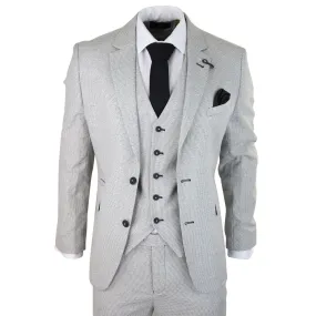 Mens 3 Piece Light Grey Black Check Suit Tailored Fit Retro Vintage Classic Smart