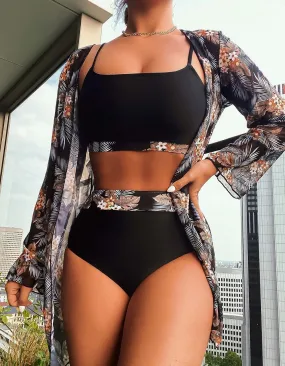 Plants Printed High Waist Three-piece Bikini Cover Up Swimwear Sets