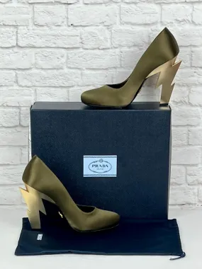 Prada Satin Pumps Lightning Bolt Heel, Olive and Gold