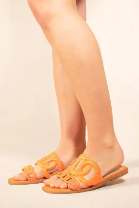 RAHEL FLATFORM SLIP ON SILDERS WITH CUT OUT DETAIL IN TANGERINE ORANGE FAUX LEATHER