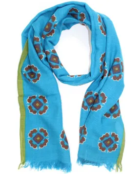 Sartorio Wool Scarf Aqua Blue Brown Green Medallion