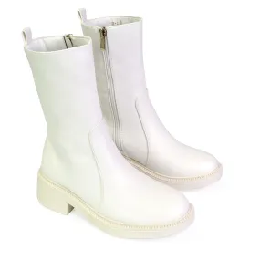 Senna Chunky Block Heel Low Platform Sole Zip Up Biker Sock Ankle Boots in White Synthetic Leather