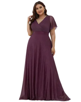 Short Sleeve V-Neck Ribbon Waist A-Line Evening Dress | Dark Purple