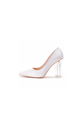 Simple White Pointed Toe Transparent Block Heels