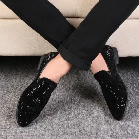 Stylish Black Velvet Loafers with Geometric Cutouts and Gold Accents