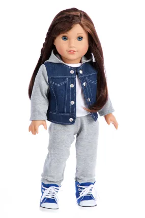 Tomboy - 4 Piece Doll Outfit - Jeans Jacket, Grey Sweatpants, T-shirt and Blue Boots