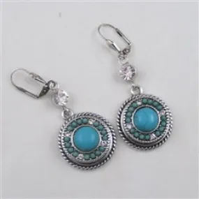 Turquoise, Rhinestone & Silver Drop Earrings