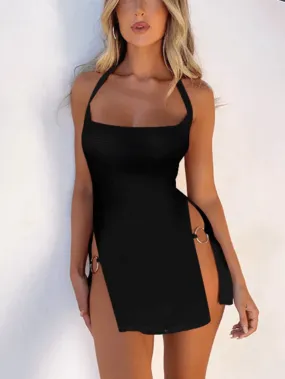 Uniwim Halter Neck O Ring Slit Mini Dress