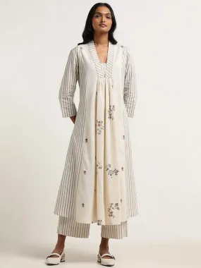 Utsa Off White Floral Printed Striped Cotton Kurta