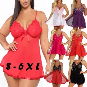 VenusFox New Sexy Plus Size Lingerie Lace Bow Nightwear Sleepwear Pajamas Nightwear catsuit lingerie Embroidered mesh nightdress T5