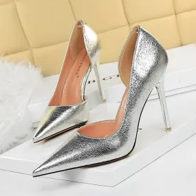 Women fashion prom pointed toe side cut stiletto heels