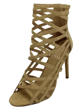 Womens Beige Strappy Caged High Heel Sandal Pumps