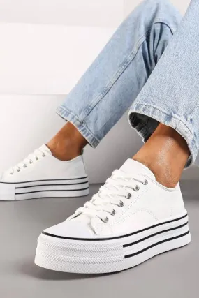 WOMEN'S LACE UP CHUNKY PLATFORM CASUAL WHITE PU SNEAKERS TRAINERS