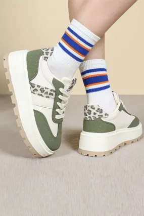 WOMEN'S THICK SOLE LEOPARD PRINT PATCHWORK GREEN TRAINERS