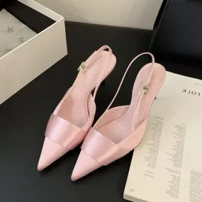 Xajzpa New Designer Black Pink Satin Pointed Toe Women Pumps Shallow Thin High Heels Female Slingbacks Sandals Banquet Wedding Shoes